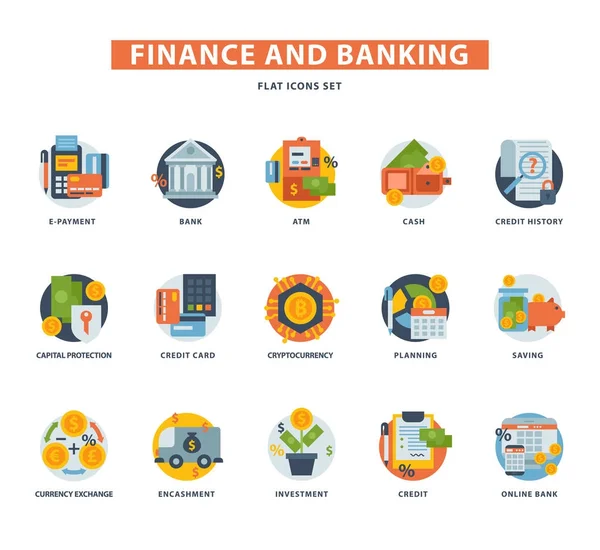 Bancario servicios financieros iconos conjunto signo acumulación banco gestión de la inversión vector ilustración . — Archivo Imágenes Vectoriales