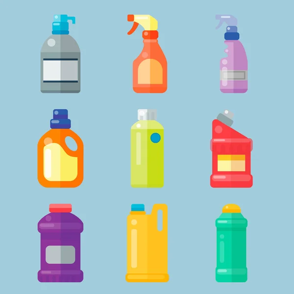 Botellas de productos químicos para el hogar suministros limpieza tareas domésticas detergente plástico líquido líquido líquido limpiador paquete vector ilustración . — Vector de stock