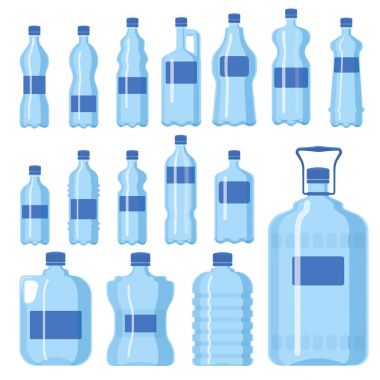 Plastik su şişesi boş mavi temiz sıvı su sıvı boş şablon siluet illüstrasyon vektör.