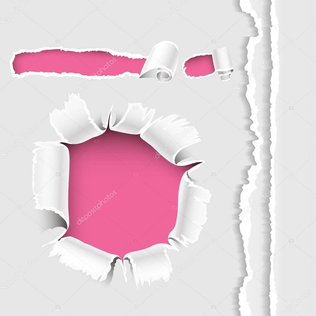 Torn edges hole lacerated ragged paper edge and crack realistic 3d style vector illustration collection