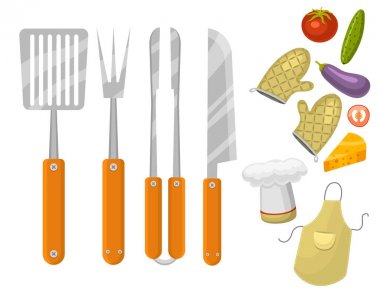 Mutfak ekipmanları vektör düz çizim Izgara Barbekü ev ya da Restoran rarty akşam yemeği ürünleri Barbekü