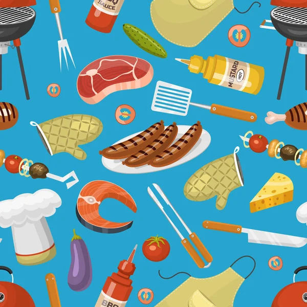 Barbecue produits de fête Barbecue grill cuisine extérieur temps de la famille cuisine vectorielle icônes illustration sans couture motif fond — Image vectorielle