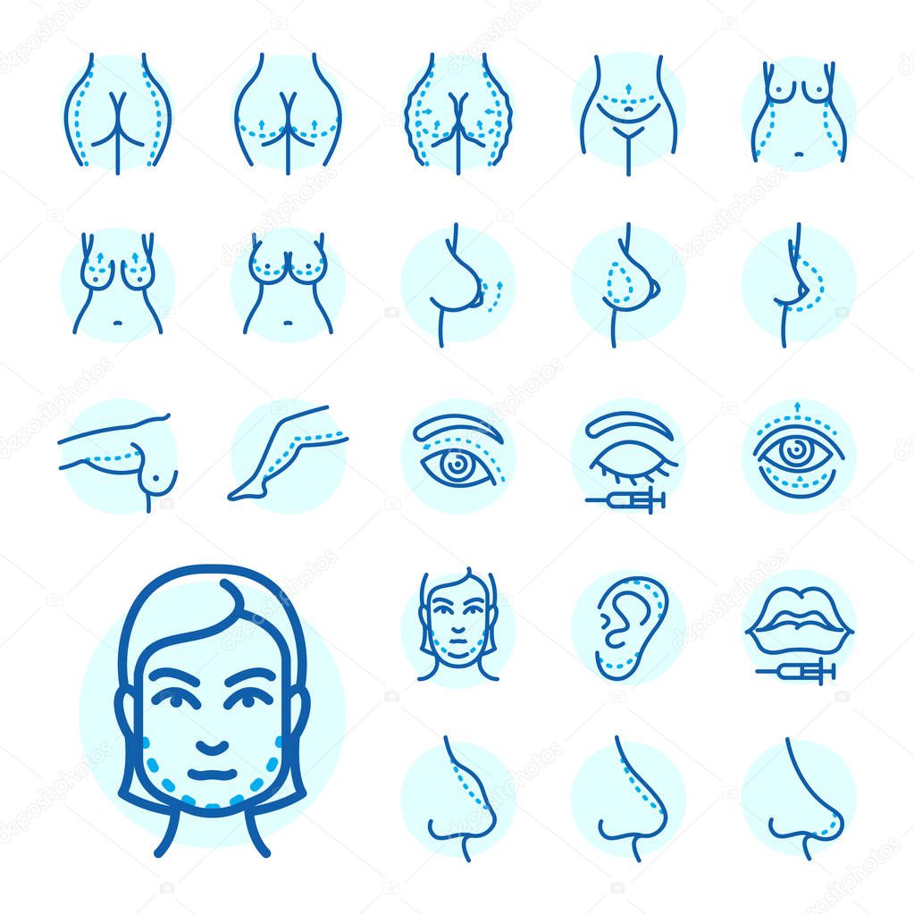 Plastic surgery body parts face correction infographic icons anaplasty medicine skin treatment beauty health procedure vector illustration. Human patient medical surgeon person anatomy.