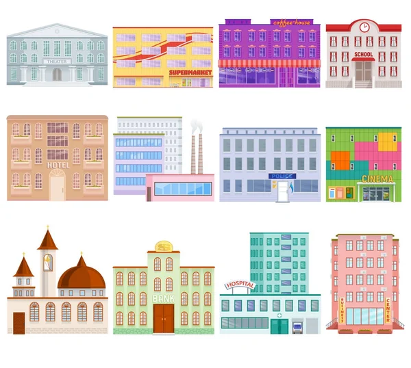 Different city public buildings houses facade flat style architecture modern street apartment vector illustration. — Stock Vector