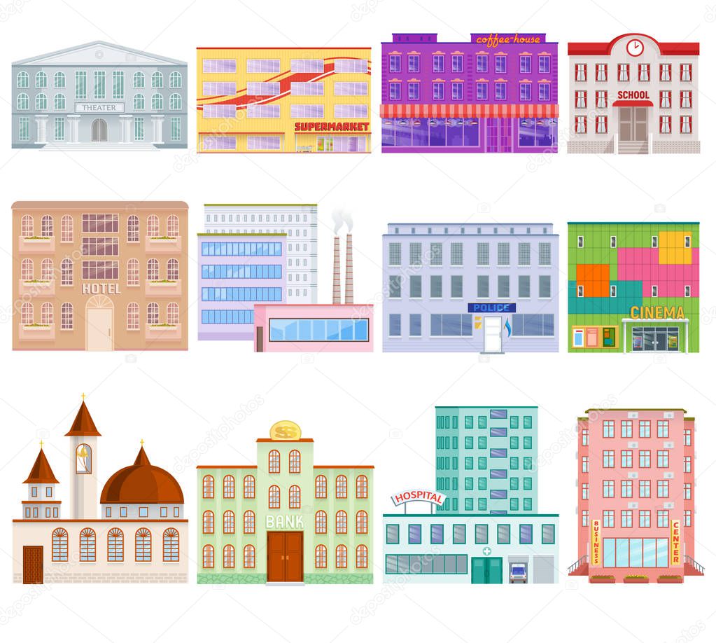 Different city public buildings houses facade flat style architecture modern street apartment vector illustration.