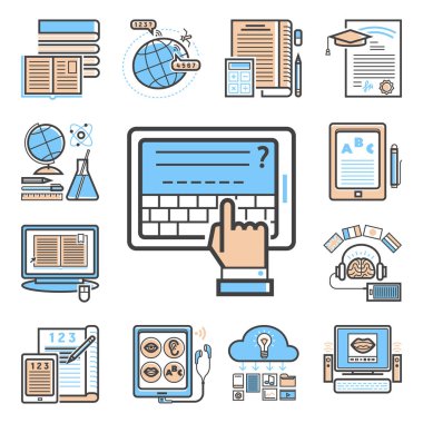 Düz tasarım anahat simgeleri eğitim tutorials personel eğitimi araştırma bilgi vektör çizim öğrenme seti.