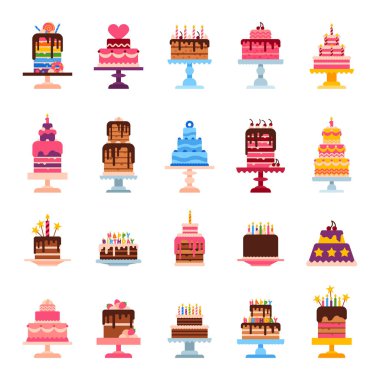 Düğün ya da doğum günü pasta kek tatlılar tatlı ekmek töreni lezzetli vektör çizim düz.