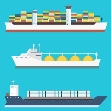 Yük gemileri ve tankerler teslim toplu taşıyıcı nakliye navlun tekne tankerlere arka plan vektör illüstrasyon izole tren