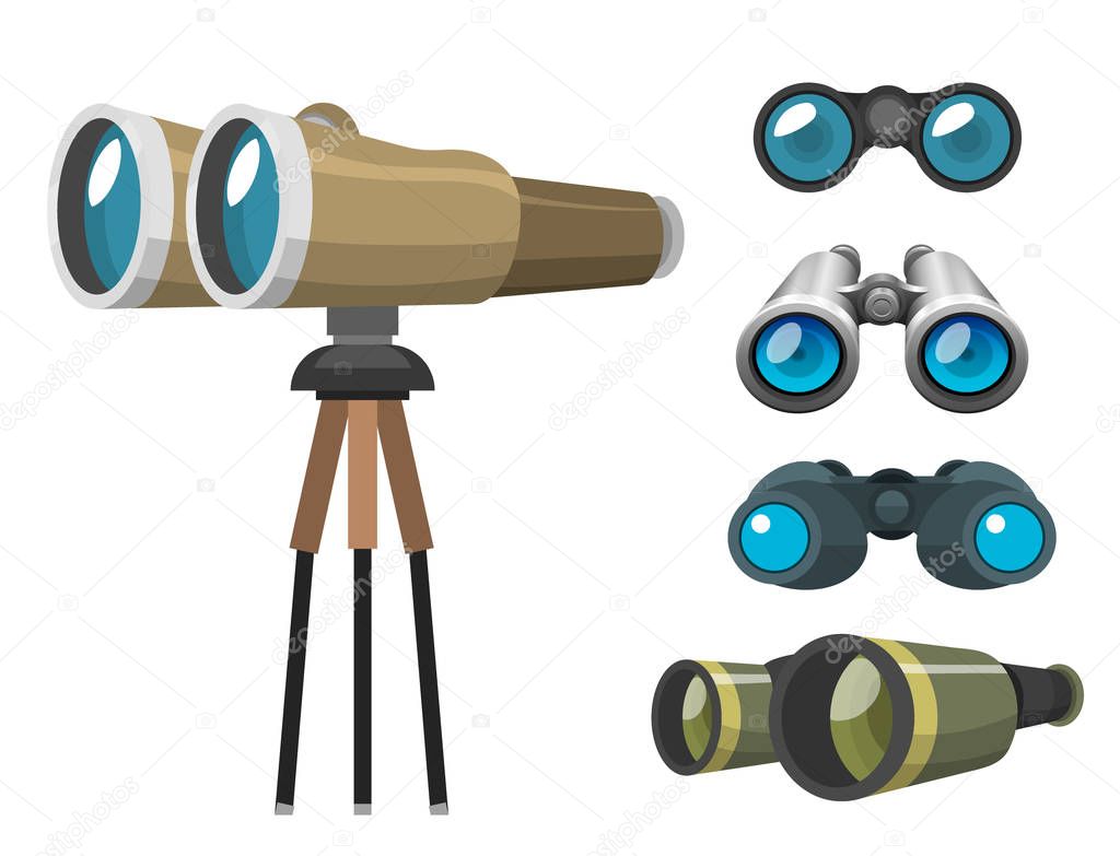 Professional camera lens binoculars glass look-see spyglass optics device camera digital focus optical equipment vector illustration