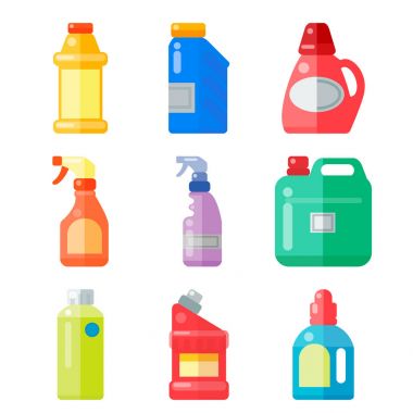 Ev Kimyasalları şişe malzemeleri temizlik ev işleri plastik deterjan sıvı aile içi sıvı temiz paketi vektör çizim.