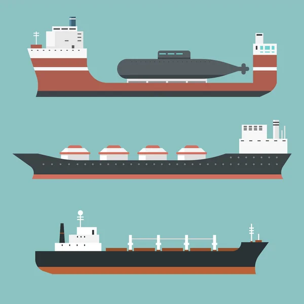 Lastfartyg och tankfartyg Frakt leverans bulkfartyget tåget frakt båt tankfartyg isolerad på bakgrund vektorillustration — Stock vektor