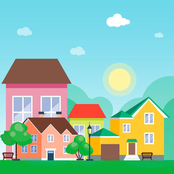 Городской пейзаж день дома и уличных зданий наружного городского пространства disign векторной иллюстрации современный плоский фон
