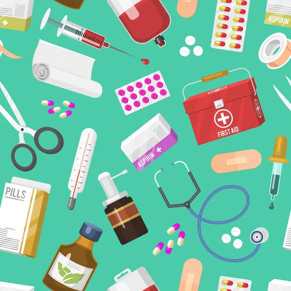 Medizinische Instrumente Arzt Werkzeuge Vektor Arzneimittel im Cartoon-Stil Medikamente Krankenhaus Gesundheit nahtlose Muster Hintergrund — Stockvektor