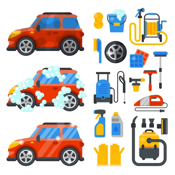 Service de lavage de voiture outils propres transport automobile nettoyage soins auto conception travail station de lavage illustration vectorielle — Image vectorielle