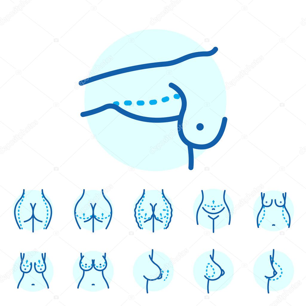 Plastic surgery body parts face correction infographic icons anaplasty medicine skin treatment beauty health procedure vector illustration. Human patient medical surgeon person anatomy.