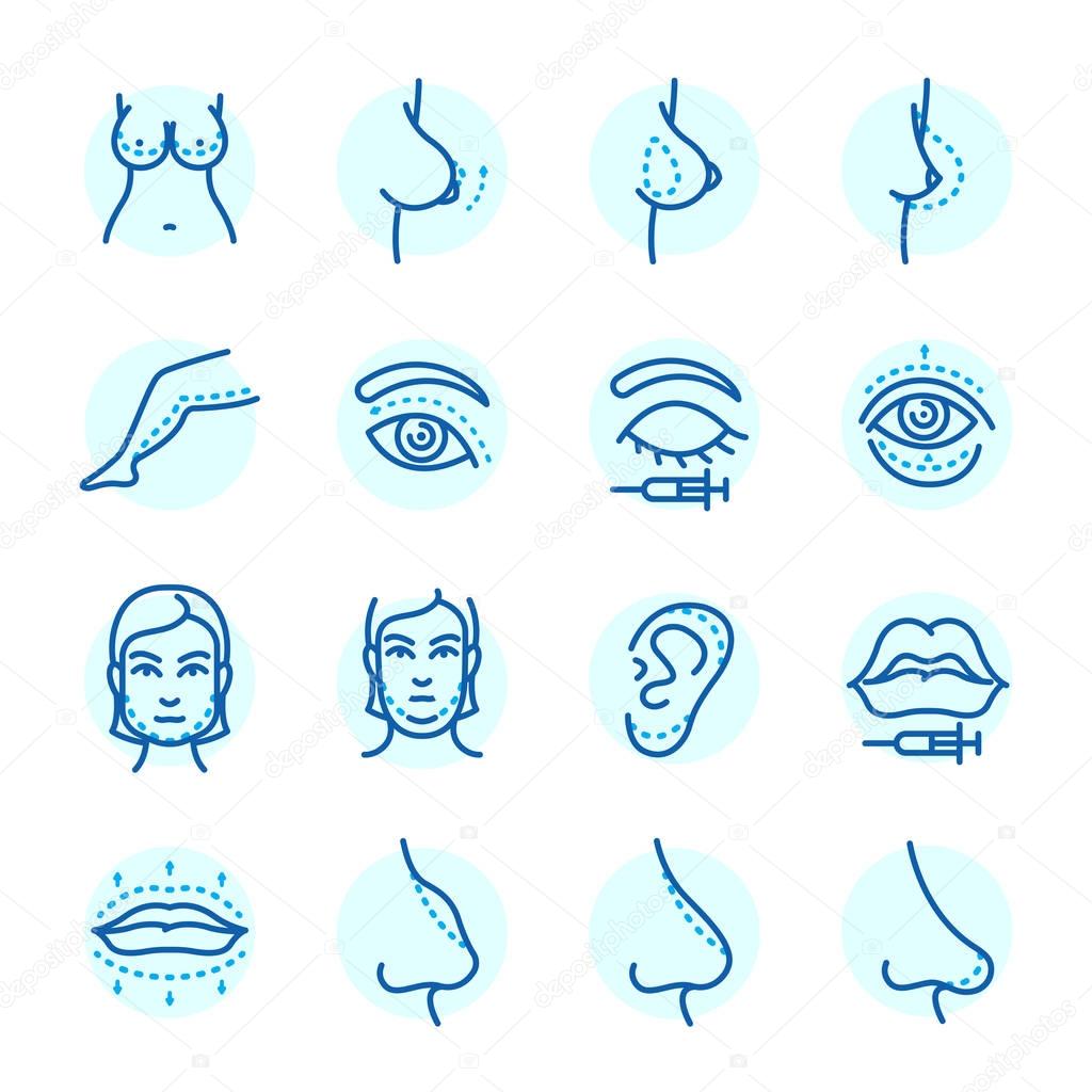 Plastic surgery body parts face correction infographic icons anaplasty medicine skin treatment beauty health procedure vector illustration. Human patient medical surgeon person anatomy.