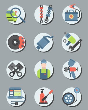 Araba servis parçaları düz vektör illüstrasyon oto mekanik tamir otomobil Elektrik donatımı ve makineleri