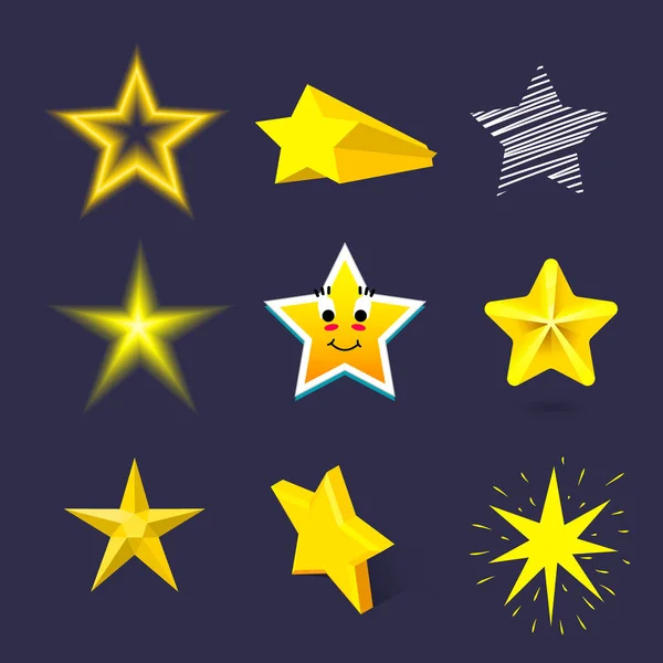 Different style shape silhouette shiny star icons collection vector illustration on blue background — Stock Vector