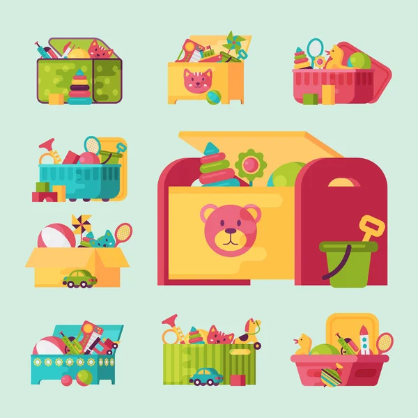 Juguetes de niño completo en cajas para niños jugar niñez bebé contenedor vector ilustración — Vector de stock