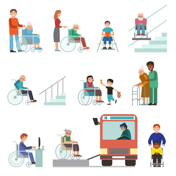 Disabili portatori di handicap diverse persone su sedia a rotelle persona invalida aiuto disabili personaggi vettoriale illustrazione . — Vettoriale Stock