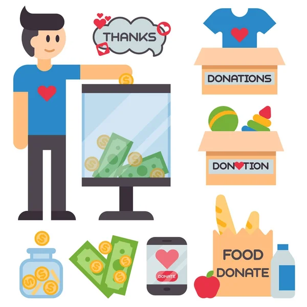 Faire un don boîte à argent ensemble symboles aider philanthropie don contribution charité philanthropie humanité soutenir vecteur . — Image vectorielle