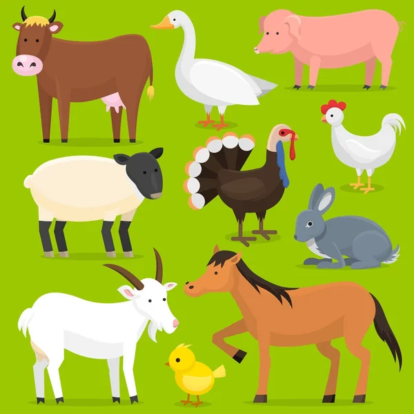 Fazenda animais vetores, aves terras agrícolas conjunto ilustração. Cavalo, porco, vaca —  Vetores de Stock