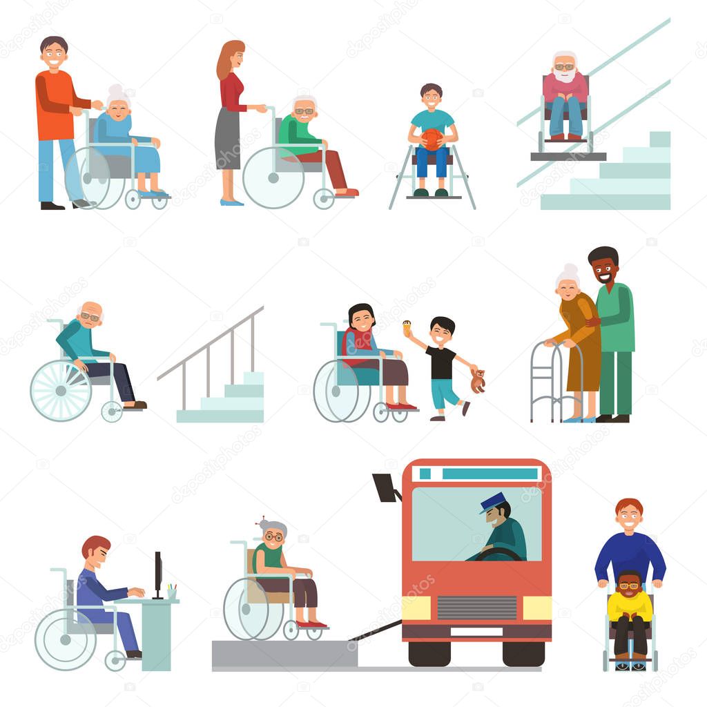 Disabled handicapped diverse people wheelchair invalid person help disability characters vector illustration.