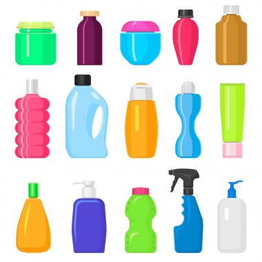 Ev ev işi şişeleri toplama temizlik sıvı aile içi sıvı temiz şablon vektör çizim şablonu kimyasallar paketleri.