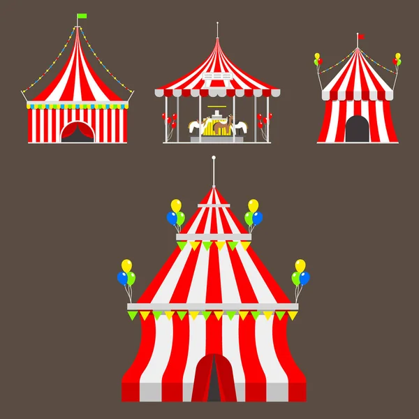 Circus show entertainment tent marquee outdoor festival with stripes and flags isolated carnival signs — Stock Vector