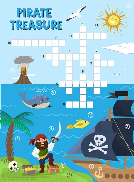 Pirata tesouro aventura palavras cruzadas quebra-cabeça labirinto educação jogo para crianças sobre piratas encontrar mapa mar labirinto vetor ilustração —  Vetores de Stock