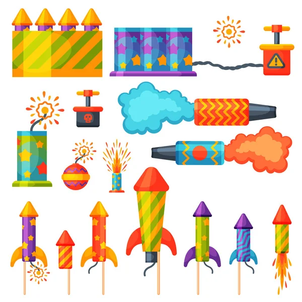 Feu d'artifice pyrotechnique fusée et battant anniversaire fête cadeau célébrer vectoriel illustration festival outils — Image vectorielle