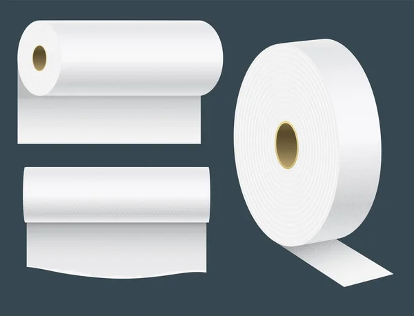 Реалистичный бумажный рулон макет набор изолированных векторных иллюстраций пустой белый 3d упаковки кухонные полотенца шаблон — стоковый вектор