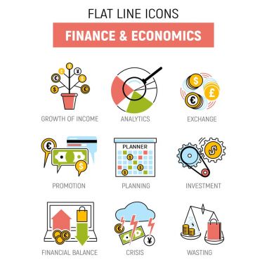 Bankacılık para finansal hizmetler ayarlamak kredi işareti Kalkınma Finans birikimi banka yatırım yönetimi vektör çizim.