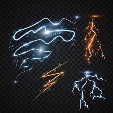 Lightning bolt storm strike realistic 3d light thunder-storm magic and bright lighting effects vector illustration. clipart