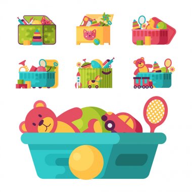 Tam çocuk oyuncaklar çocuklar için kutularındaki çocukluk babyroom konteyner vektör çizim oynamak