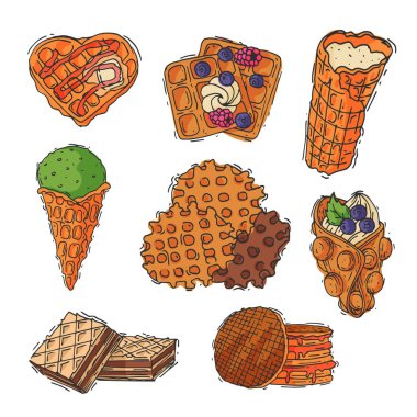 Farklı gofret kurabiye Kek pasta kurabiye bisküvi lezzetli aperatif krem tatlı çıtır ekmek yiyecek vektör çizim waffle