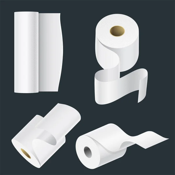 Realista rollo de papel maqueta conjunto aislado vector ilustración blanco en blanco 3d embalaje cocina toalla plantilla — Archivo Imágenes Vectoriales