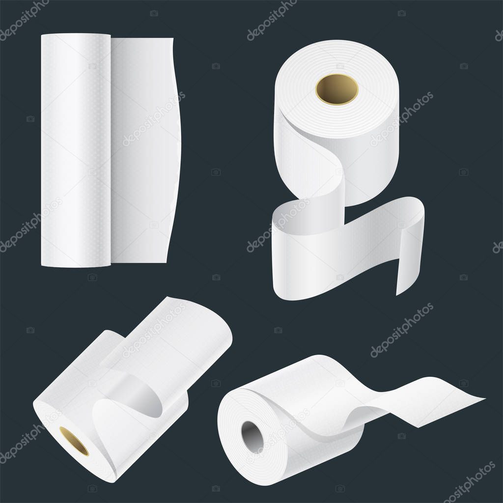 Realistic paper roll mock up set isolated vector illustration blank white 3d packaging kitchen towel template