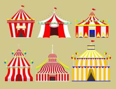 Circus show entertainment tent marquee outdoor festival with stripes and flags isolated carnival signs clipart