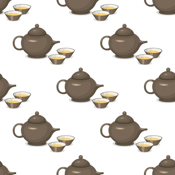 Konvici konvici nápoj teplou snídani kuchyňské nádobí vzor bezešvé konvice na čaj s dvěma šálky vektorové ilustrace. — Stockový vektor