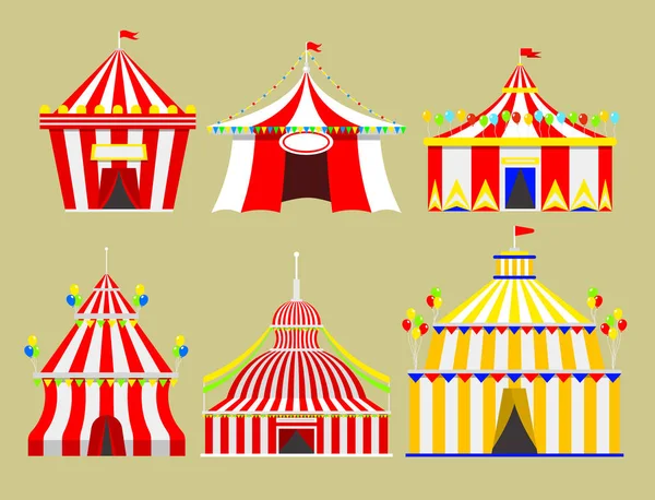 Circus entertainment tent lichtkrant outdoor festival met strepen en vlaggen geïsoleerde carnaval tekenen weergeven — Stockvector