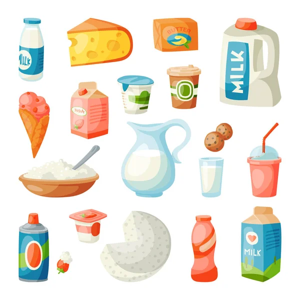 Leche productos lácteos en el desayuno de estilo plano comida orgánica gourmet dieta fresca comida bebida lechosa ingrediente nutrición vector ilustración . — Archivo Imágenes Vectoriales