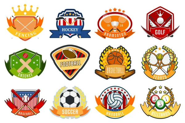 Deporte juego equipo logo jugar torneo etiqueta campeón emblema liga competencia símbolo vector ilustración . — Vector de stock