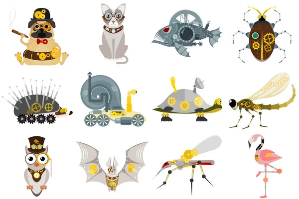 Stylizovaná kovová steampunk mechanické roboty zvířata stroj parní zařízení hmyzu punkové umění stroje vektorové ilustrace. — Stockový vektor