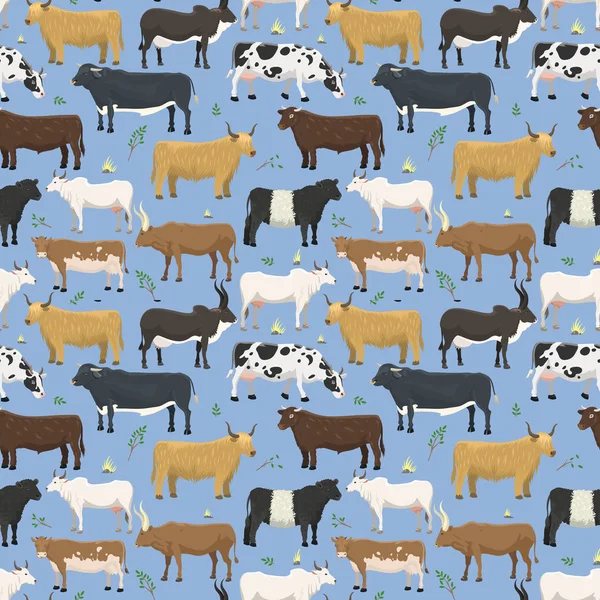 Conjunto de toros y vacas granja animal ganado mamífero naturaleza carne de vacuno carácter búfalo doméstico vector sin costura patrón de fondo — Vector de stock
