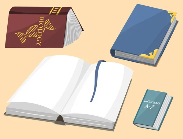 Vektorové ilustrace barevné knihy učit literaturu studie otevřeli uzavřené vzdělávací znalosti dokument učebnice — Stockový vektor
