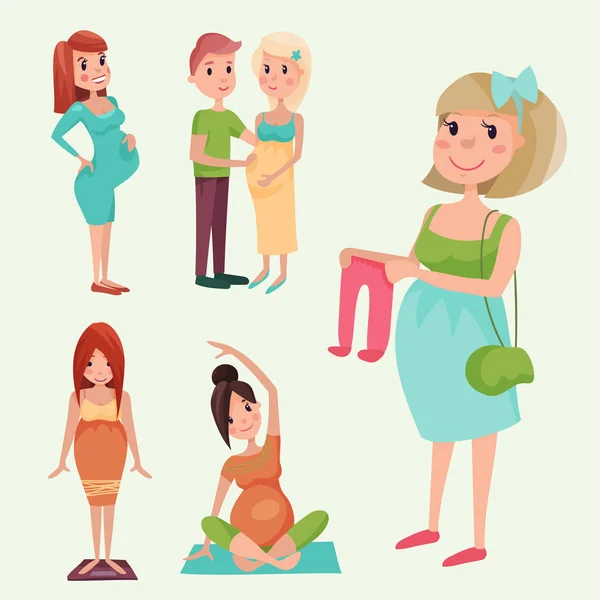 Embarazo maternidad personas expectativa concepto feliz embarazada mujer carácter vida con gran barriga vector ilustración — Archivo Imágenes Vectoriales