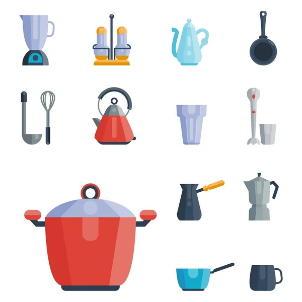 Keuken gebruiksvoorwerpen iconen vector illustratie huishoudelijke diner koken voedsel keukengerei — Stockvector