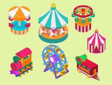 Sirk izometrik eğlence çadırı kayan yazı açık Festivali çizgili ve bayrakları karnaval işaretleri göster