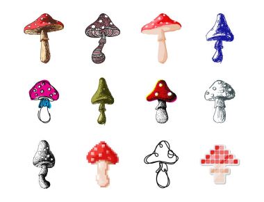 Amanita sinek agaric mantarı mantar mantar farklı sanat tarzı tasarım vektör illüstrasyon kırmızı şapka